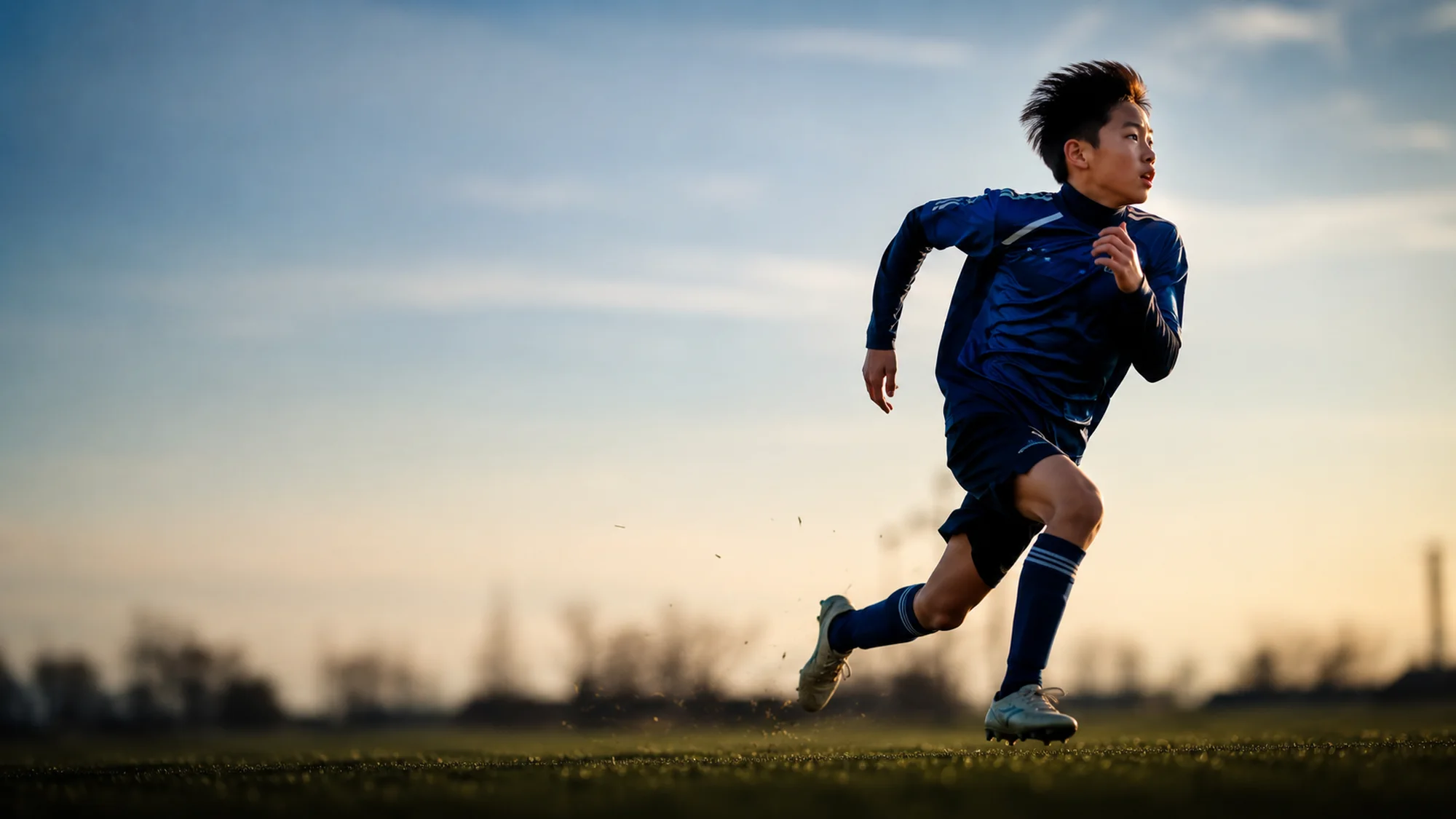 夕暮れのグラウンドを全力疾走するジュニアサッカー選手
