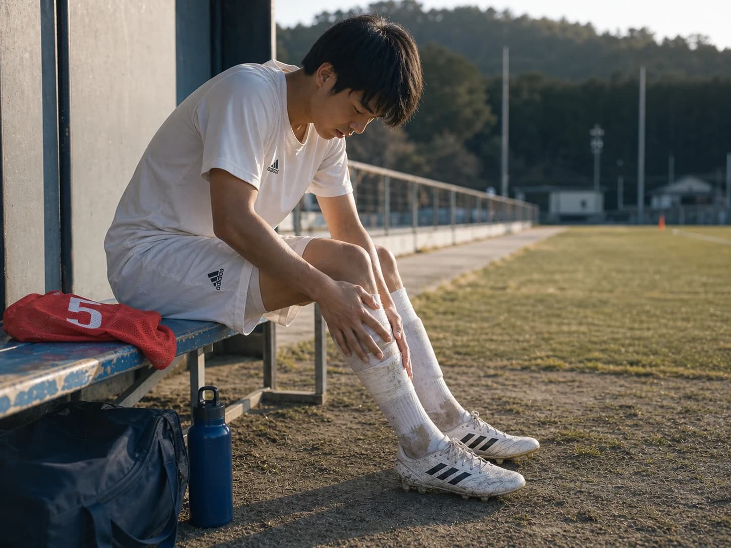 練習後のベンチで脚を押さえるサッカー選手