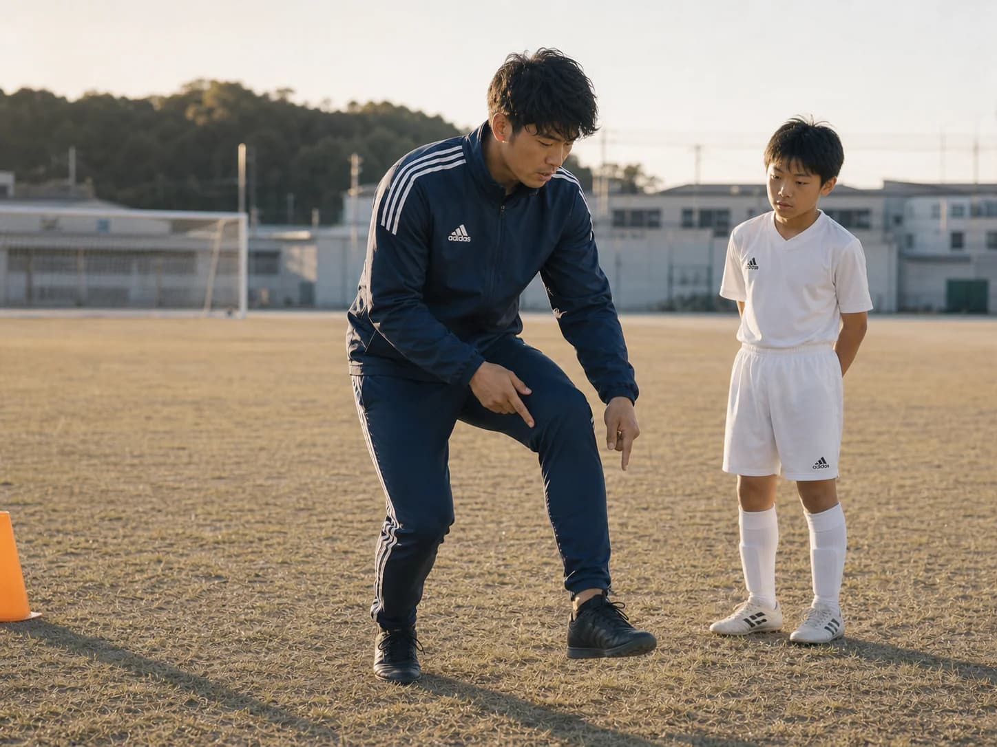 身体の使い方を実演してジュニア選手へ説明するトレーナー